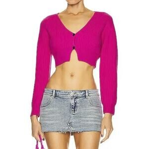 Alexander Wang Pink Ribbed Wool Knit Cropped Cardigan Sweater Small